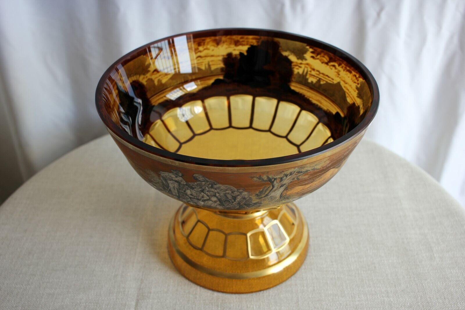 Antique Bohemian Hand Painted art Glass Bowl Centerpiece