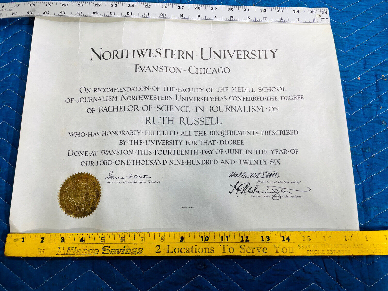 northwestern illinois diploma vintage large 1926 signed bachelors journalism
