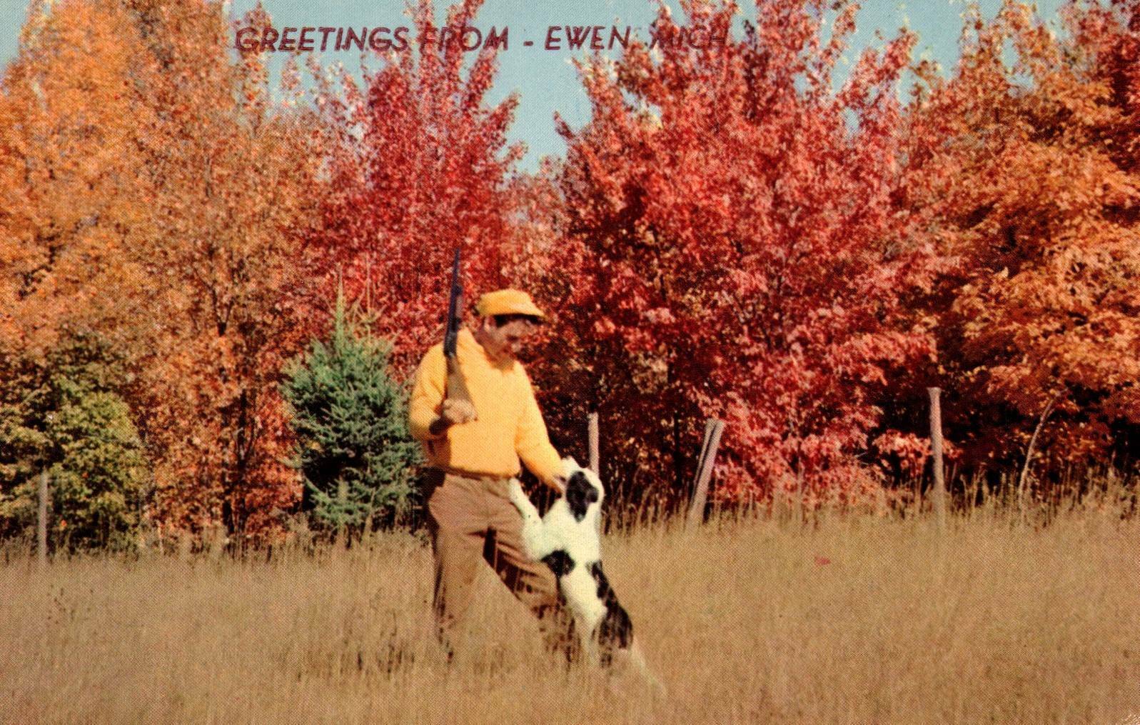 Ewen Michigan MI Hunter & Dog Fall Foliage Postcard  