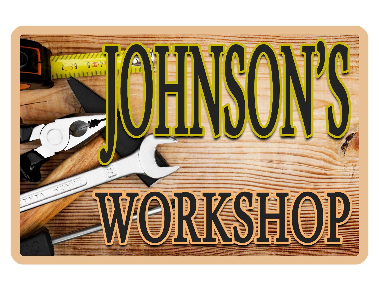 Personalized WORKSHOP Sign Printed w YOUR NAME Aluminum SIGN WORK TOOLS HORZ#074