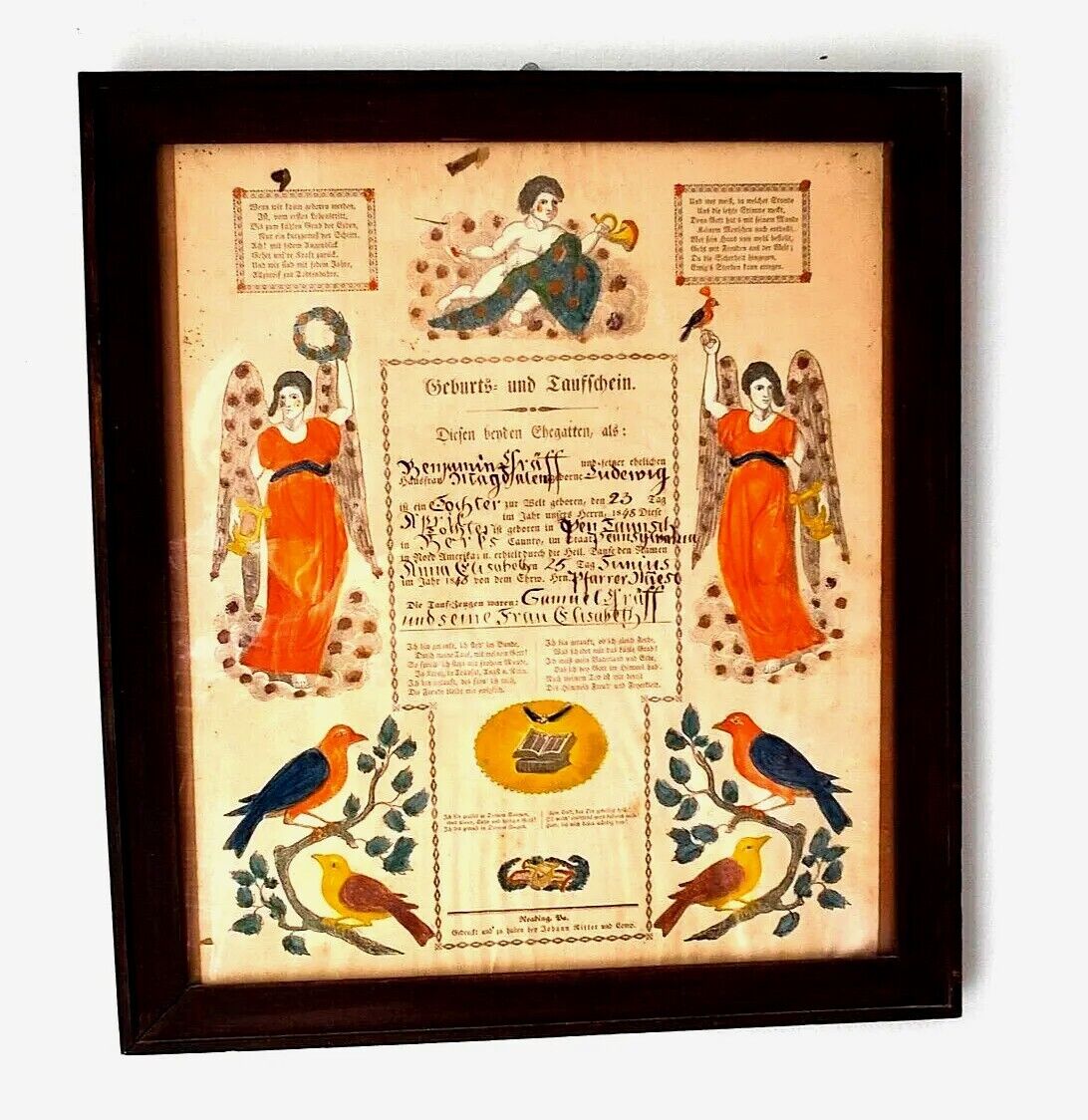 1848 Antique German Fractur Pennsylvania Dutch Baptism Document Hand Colored