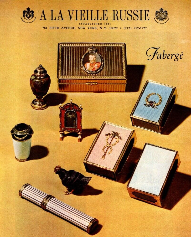 1974 A LA VIEILLE RUSSIE FABERGE PRINT AD, SMALL BOXES, ENAMELS, VTG ADVERT