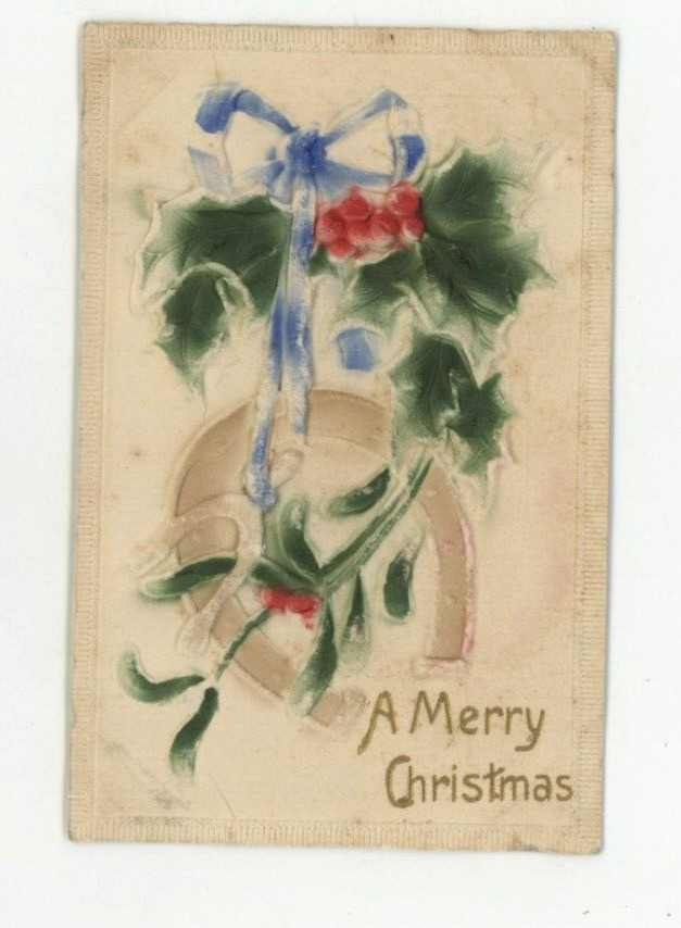 Vintage Christmas  Postcard  RAISED RELIEF   HORSESHOE,   BOW    HOLLY  UNPOSTED