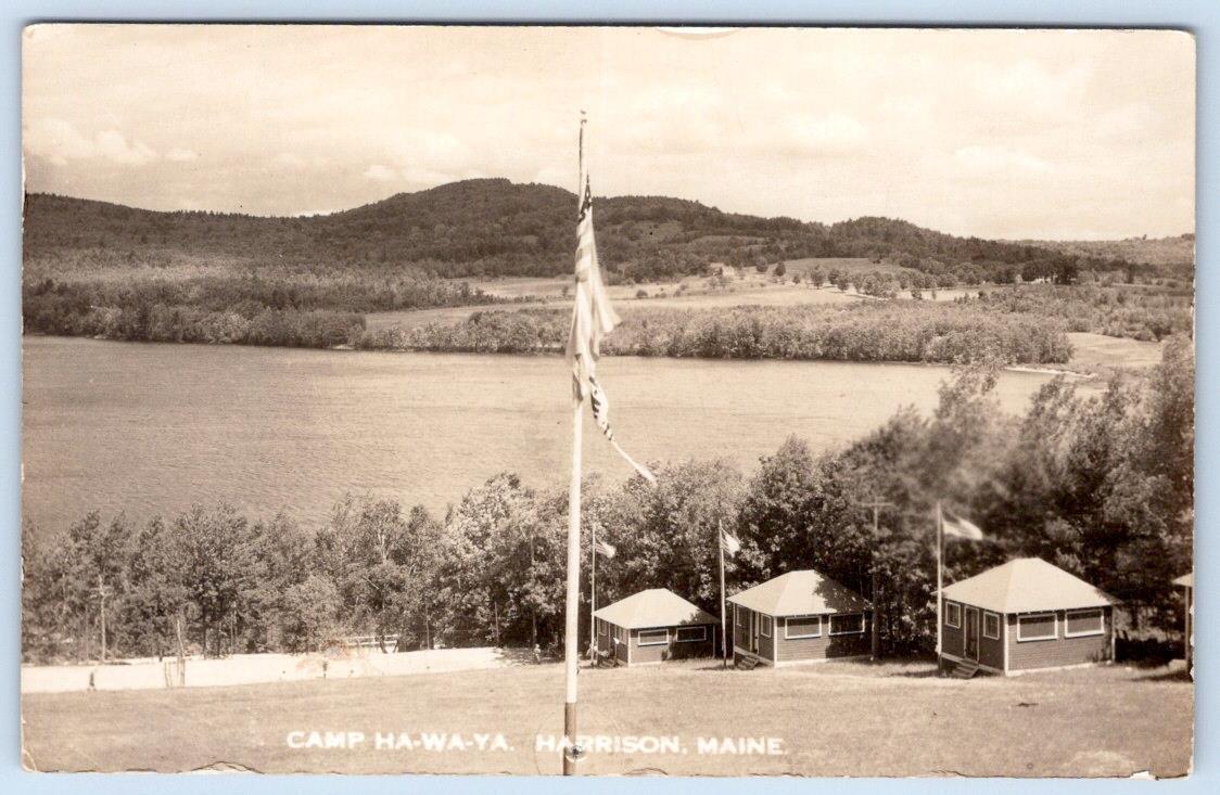 1930\'s RPPC SUMMER CAMP HA-WA-YA HARRISON MAINE CABINS AMERICAN FLAGS LAKE VIEW
