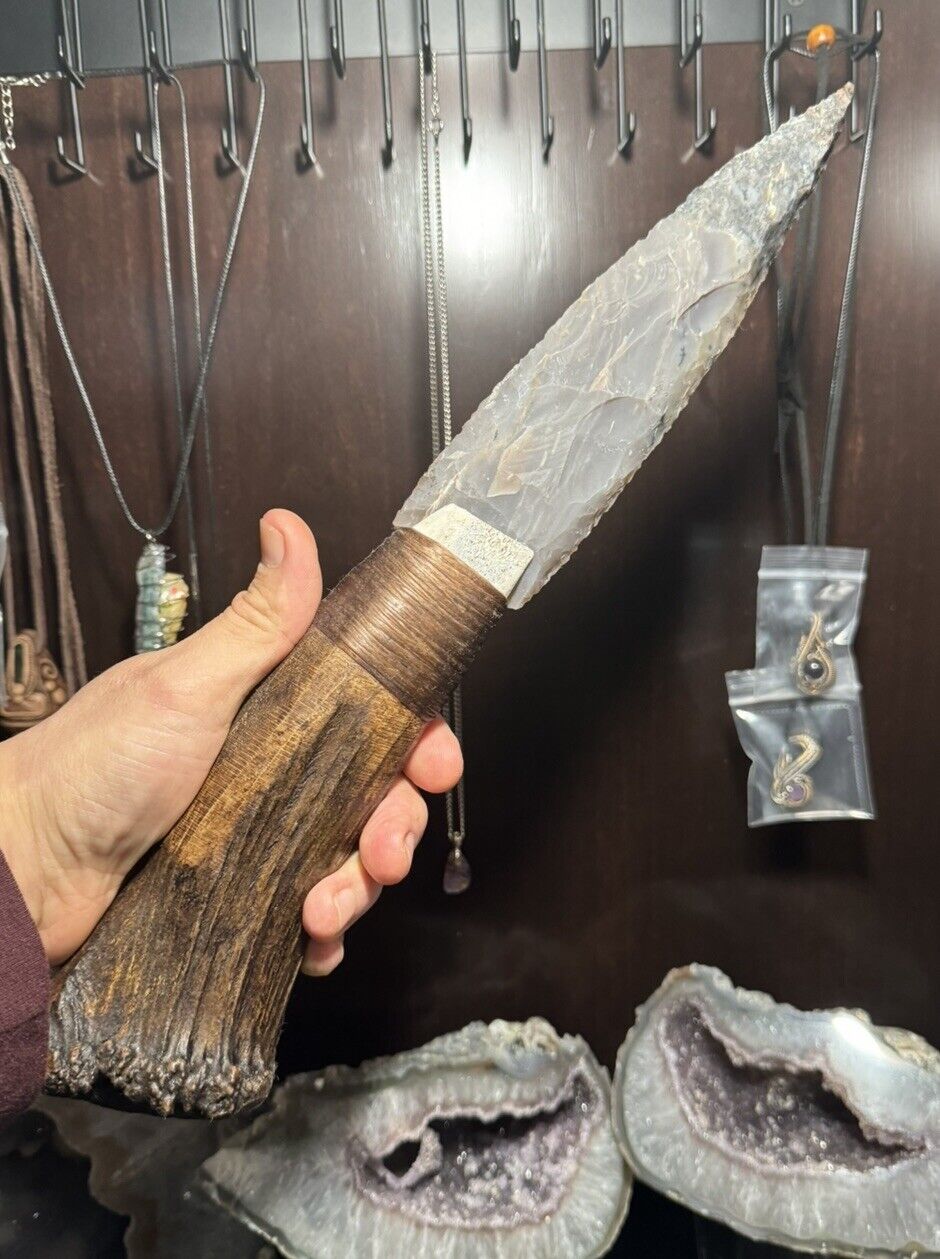 Large Flint Knapped Agate Knife w/ Antiqued Antler Handle Neolithic