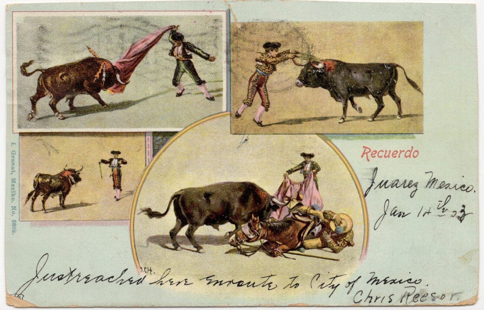 Bull Fighting, Juarez Mexico Undivided Back Era 1900s Posted Postcard