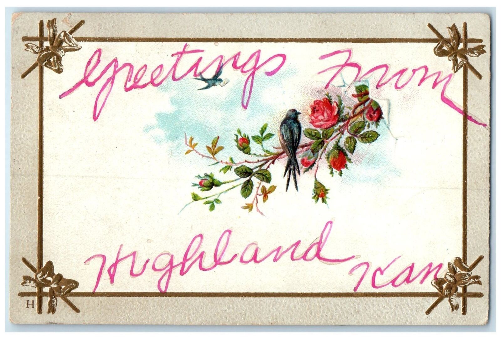 1925 Greetings From Highland Kansas KS Unposted Embossed Flowers Birds Postcard