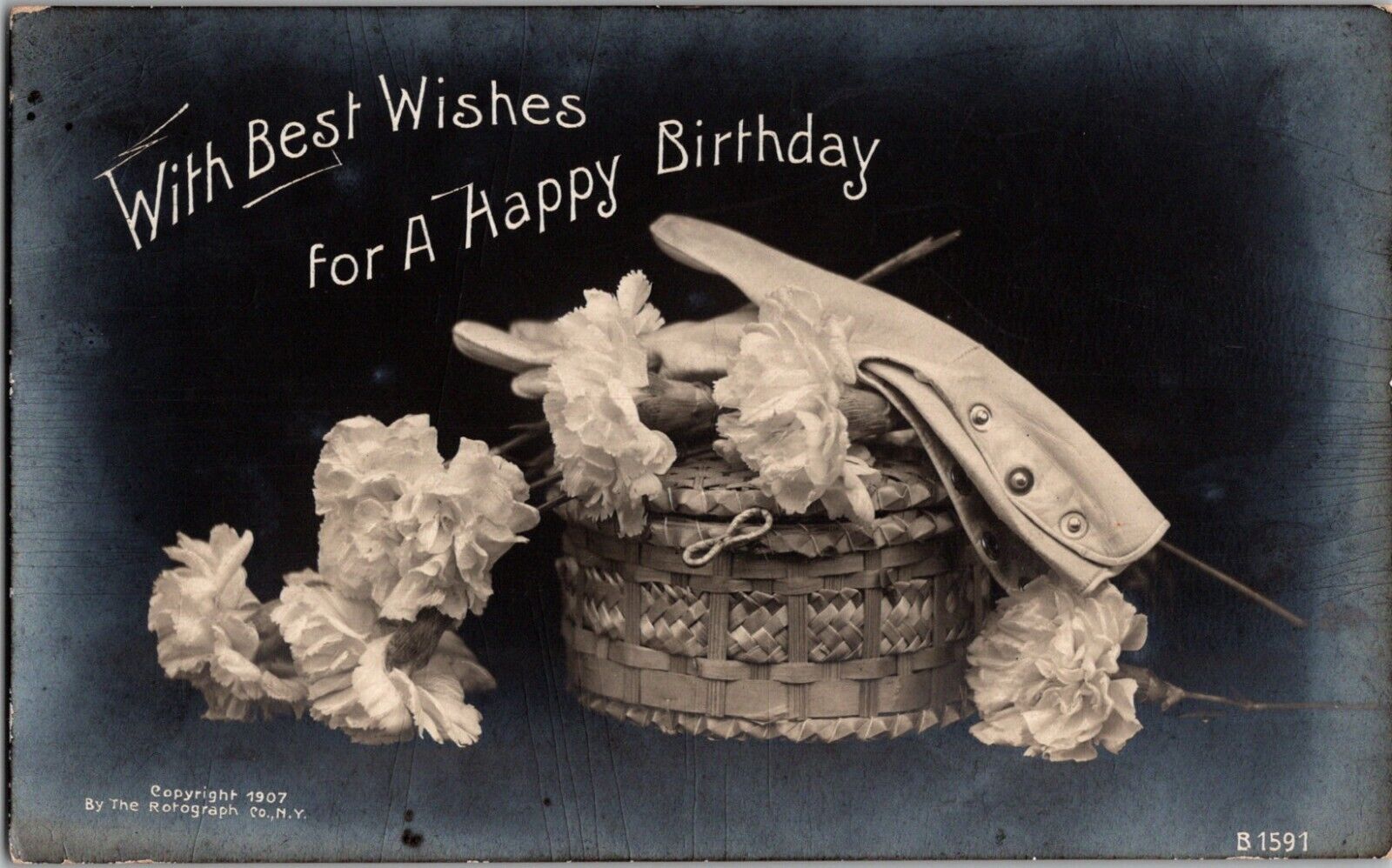 c1907 Best Wishes Happy Birthday RPPC B&W Photo Postcard Rotograph Flowers Glove