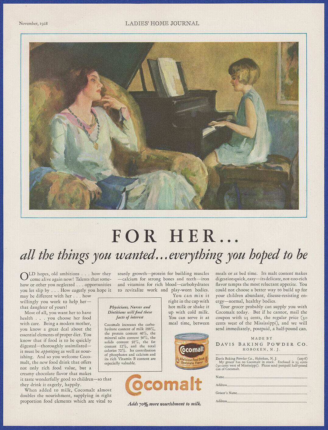 Vintage 1928 COCOMALT Chocolate Malt Drink Ephemera 20\'s Print Ad