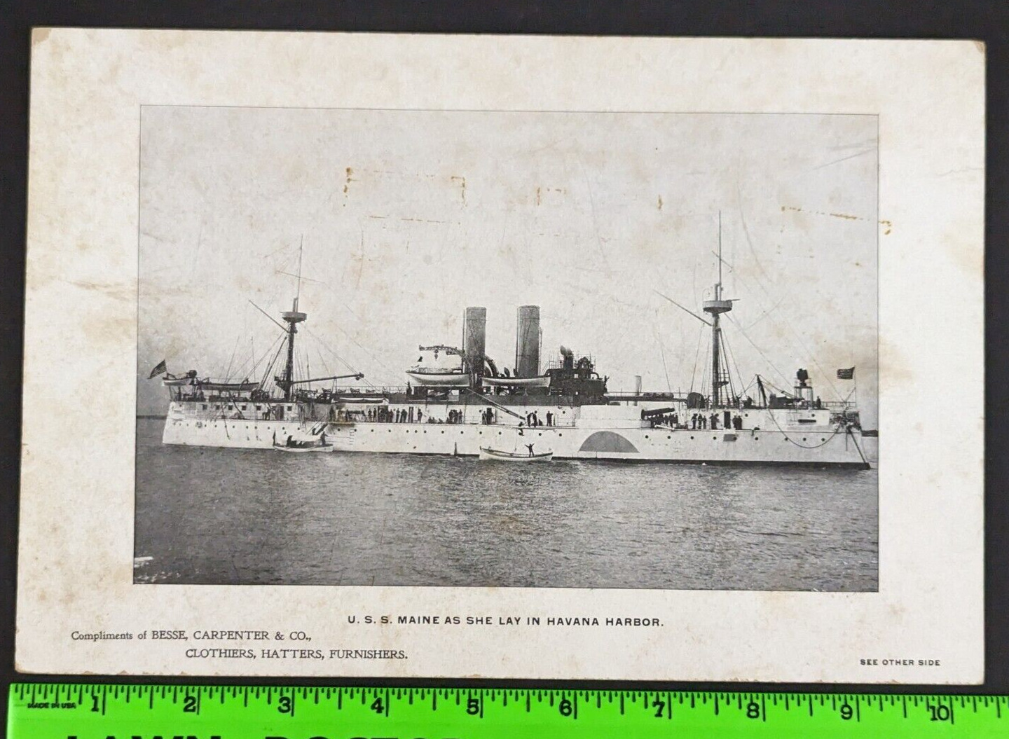 Antique Besse Carpenter Clothier USS Maine Ship Springfield MA Cardboard Sign