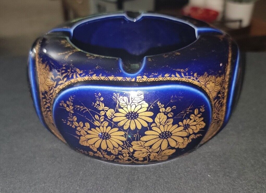 Large Vintage Andrea by Sadek Ceramic Gold/Blue Floral Ashtray Trinket Dish 