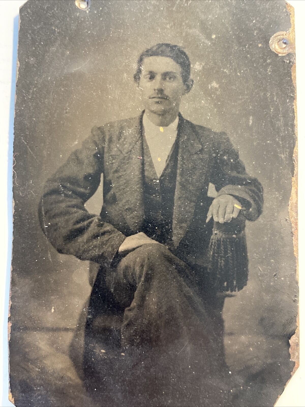 1880s Hand Colored Tintype Photo Studio Portrait Young Man Gentleman Baggy Suit