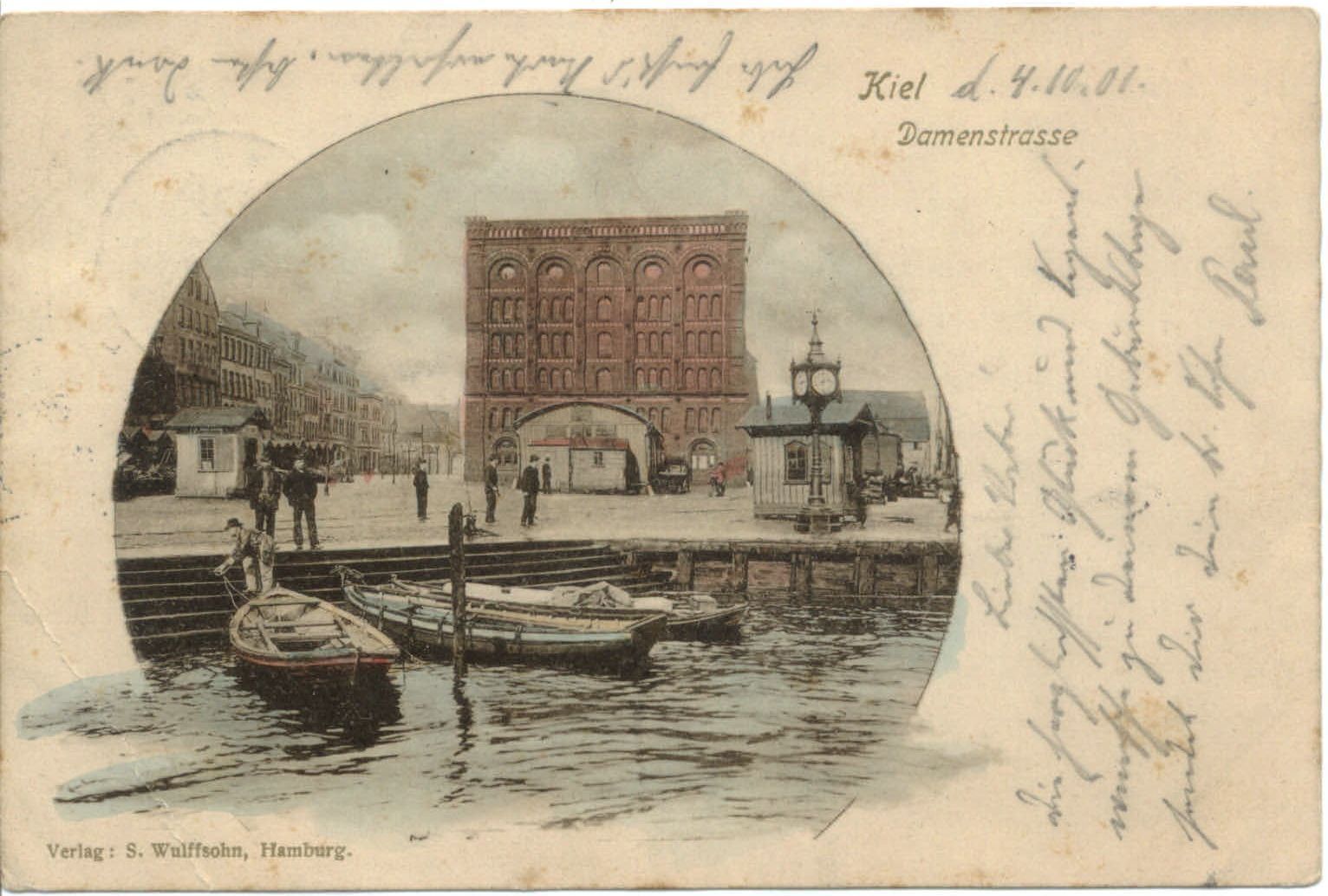 Kiel Germany ~ Damenstrasse ~ boats ~ 1901 UDB hand colored postcard