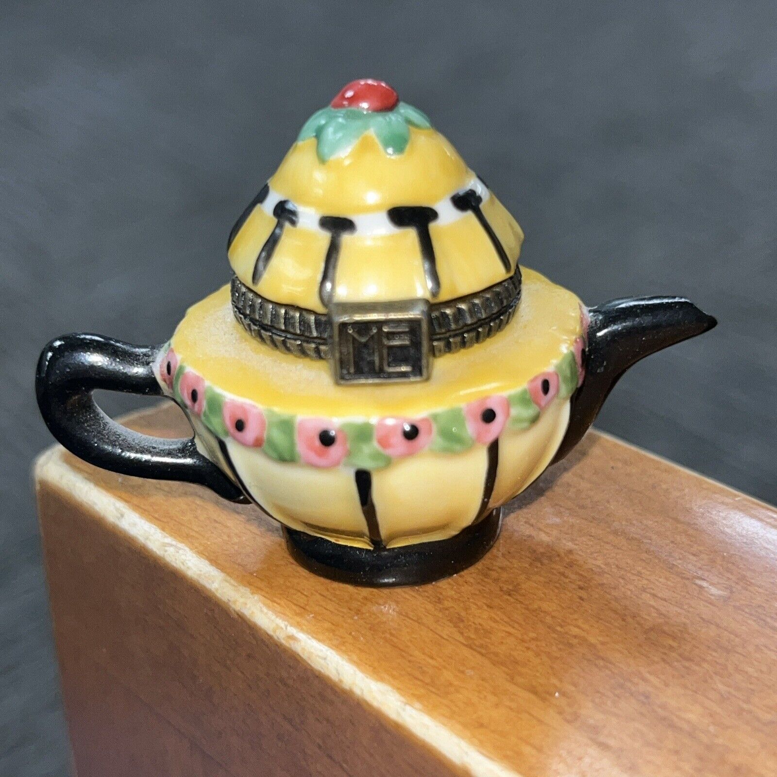 Mary Englebreit Yellow Floral Miniature Teapot Trinket Box Hinged Enesco Vintage