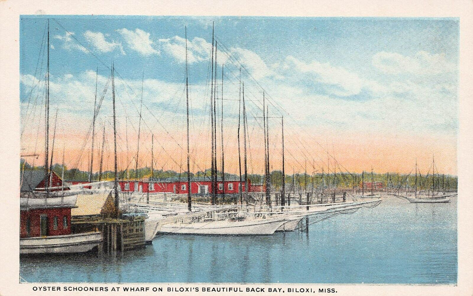 Biloxi MS Mississippi Harbor Wharf Back Bay Oyster Schooners Vtg Postcard B12