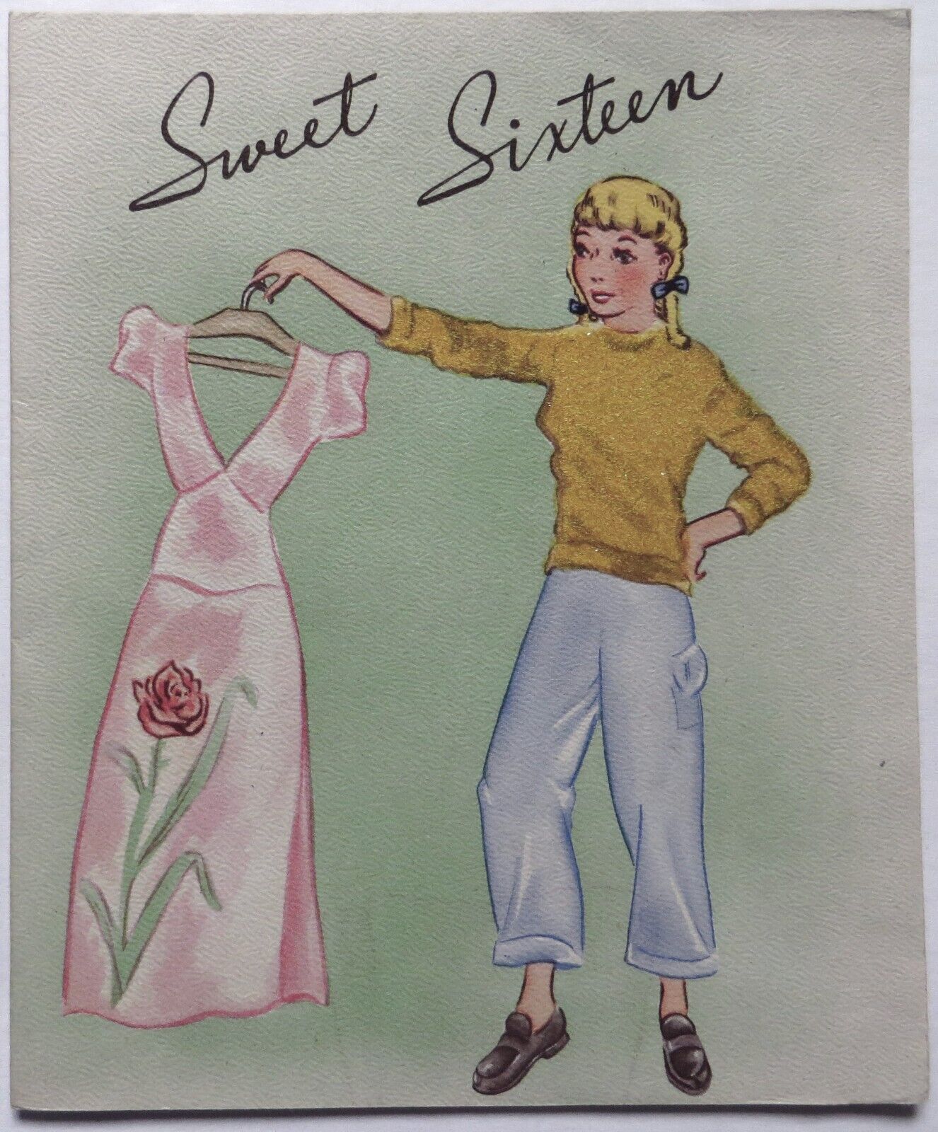 Vtg Sweet Sixteen 16 Birthday Card-CUTE GIRL IN CARGO PANTS SHOWS OFF HER DRESS