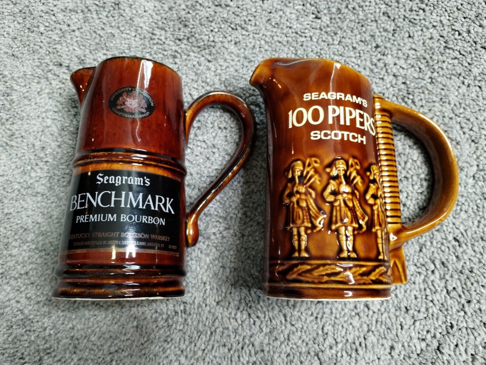 Lot Of 2 Seagram's Benchmark Premium Bourbon Whiskey Pitcher Ceramic Brown