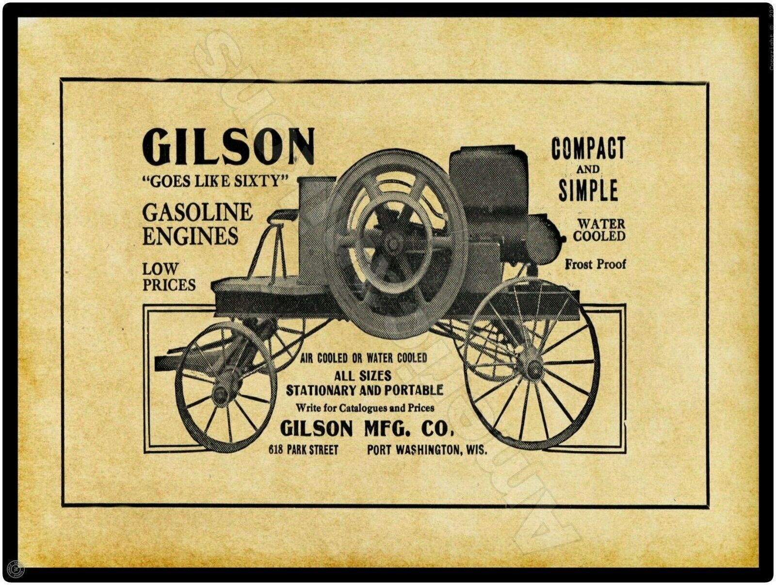 1910 Gilson Gas Power Engines New Metal Sign: Port Washington, Wisconsin