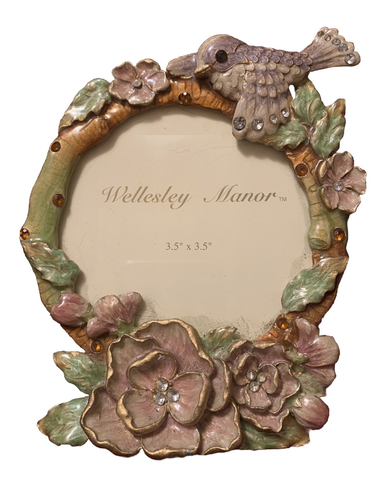 Vintage ENAMELED PHOTO FRAME by WELLESLEY MANOR w/ Purple Bird & Flowers Crystal