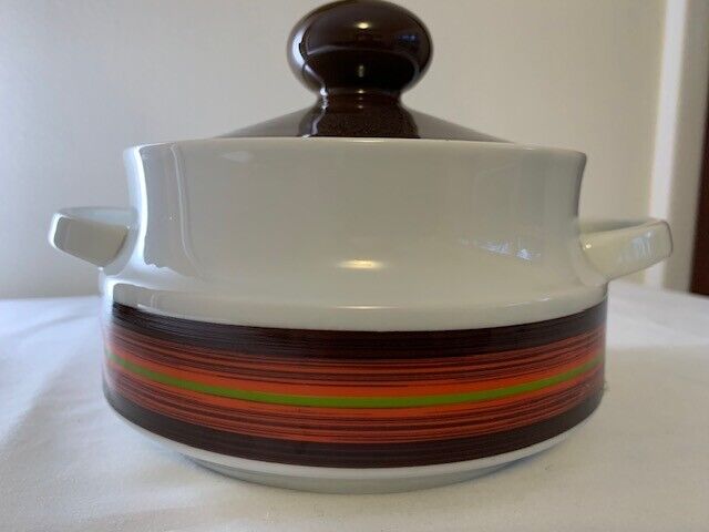 Groovy MCM Mitterteich Bavaria Soup Tureen w/lid & 4 bowls, brown/red stripes 