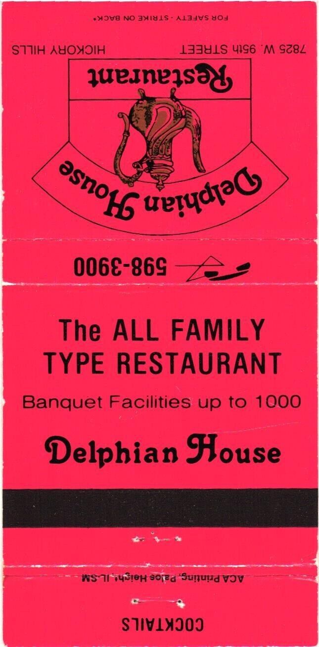 Hickory Hills Illinois Delphian House Restaurant Vintage Matchbook Cover