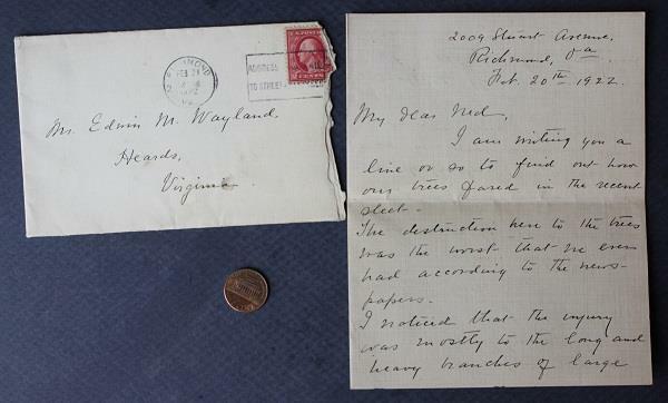 1922 Richmond to Heards Virginia winter storm handwritten letter & envelope set-