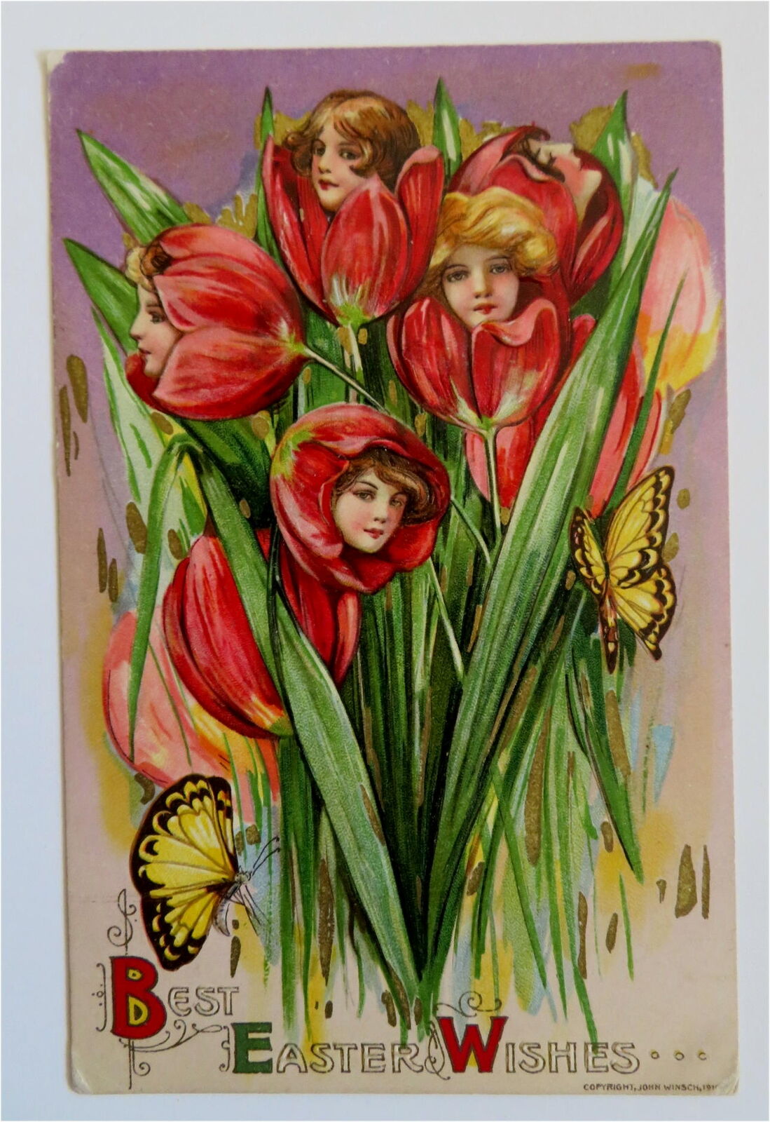 Best Easter Wishes Flowers Butterflies c. 1913 Winsch Greeting Card Postcard