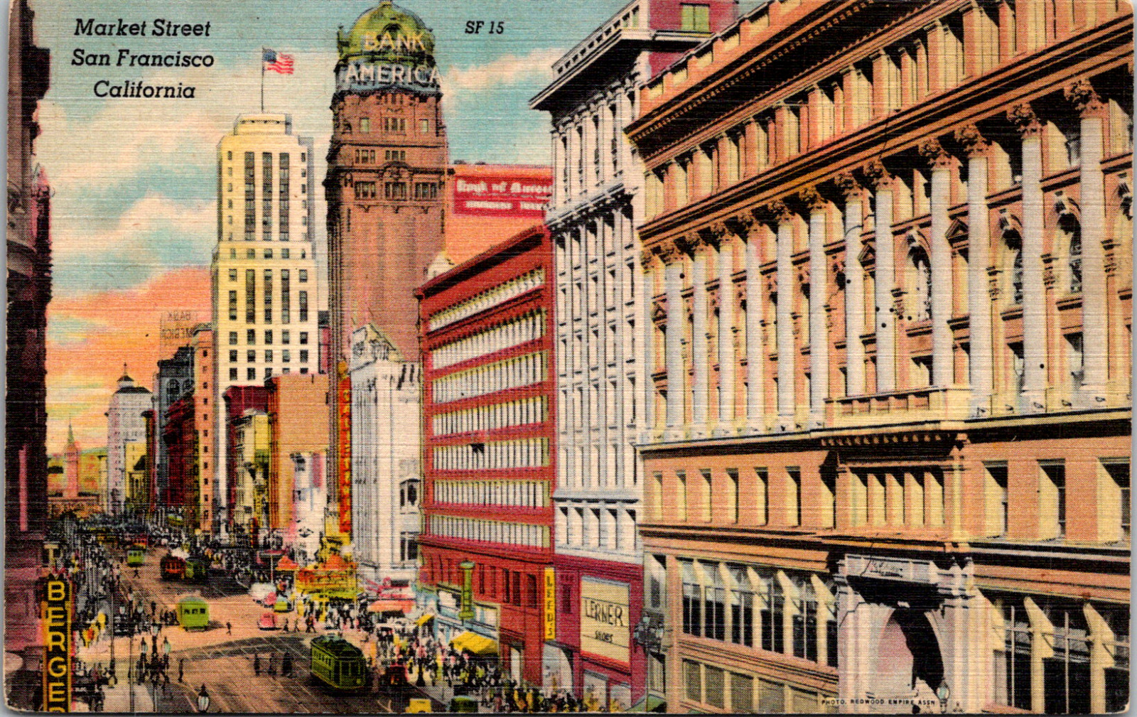 Vintage 1940\'s Colorful Busy Market Street San Francisco California CA Postcard