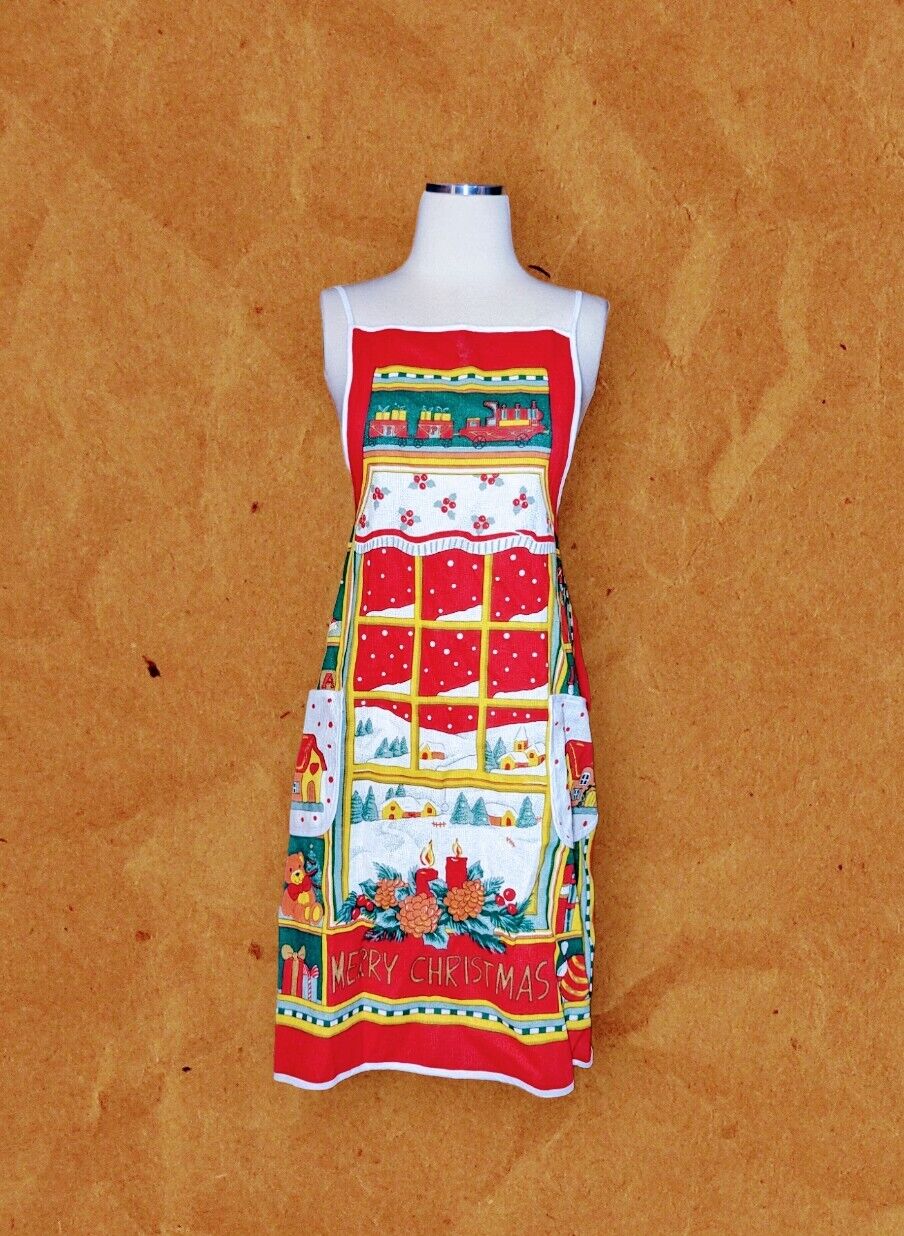 NEW Christmas Apron With Pockets Kitchen Wearable Art WOVEN Red Green Open Back