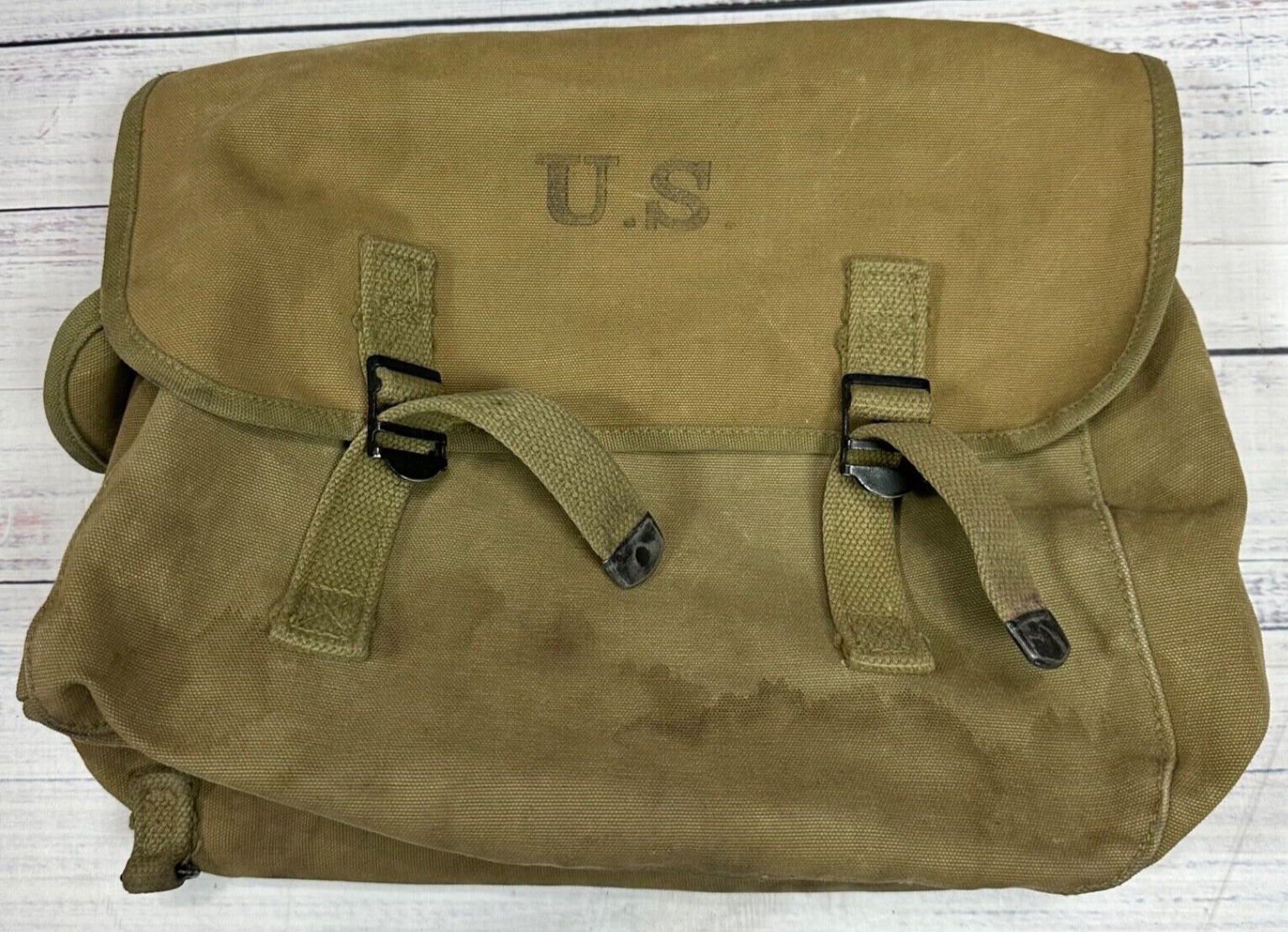 Vtg WWII US Military Small Canvas Bag Brown Fold Over Closure 1943