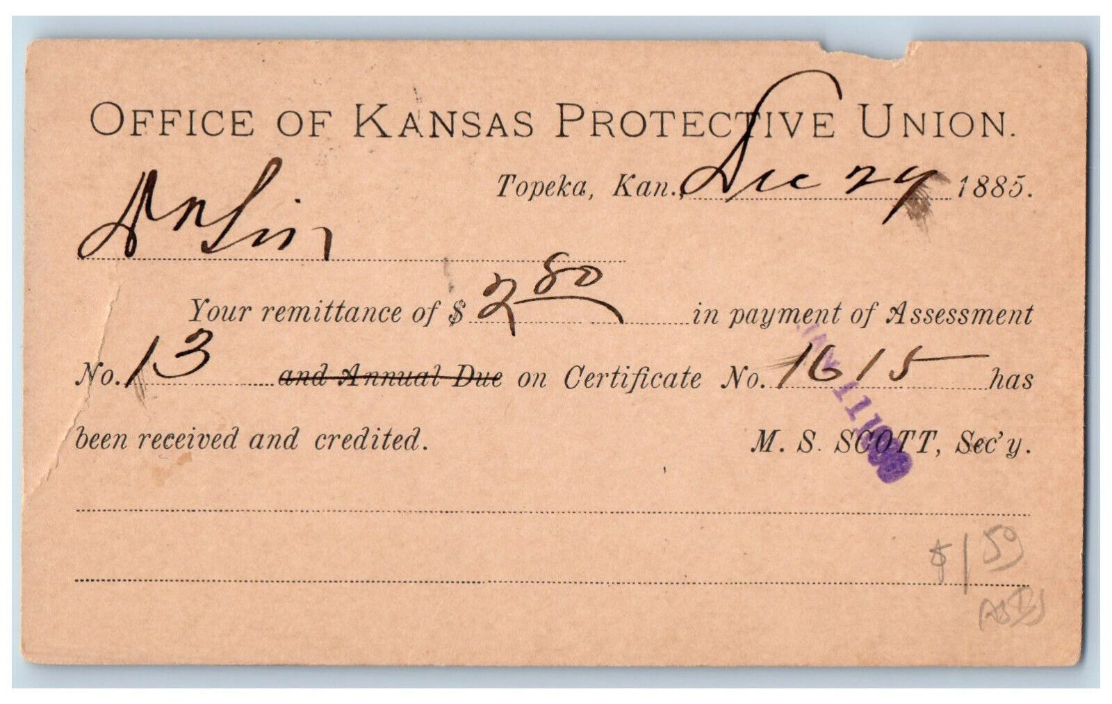 Topeka Kansas KS Postal Card Office of Kansas Protective Union 1885 Antique