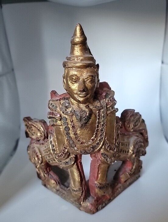 Thai Temple Carving Southeast Asian Statue Gilt Polychrome Buddhist Foo Dog