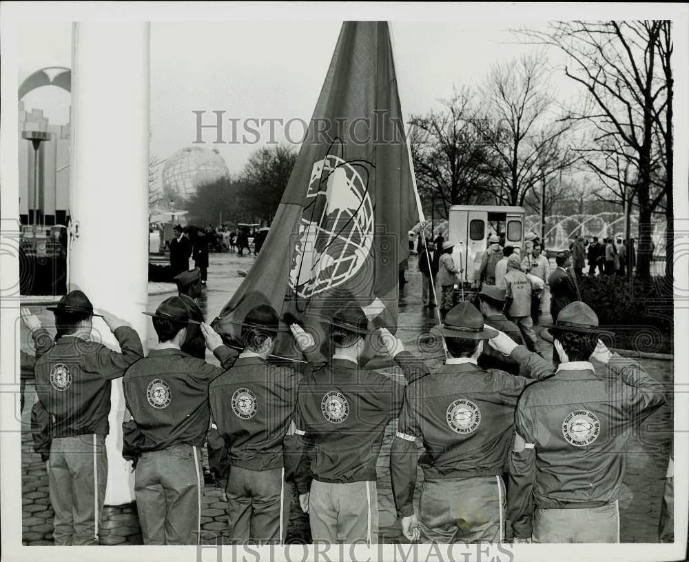 1964 Press Photo Boy Scouts at Flag Raising Ceremonies at New York World\'s Fair