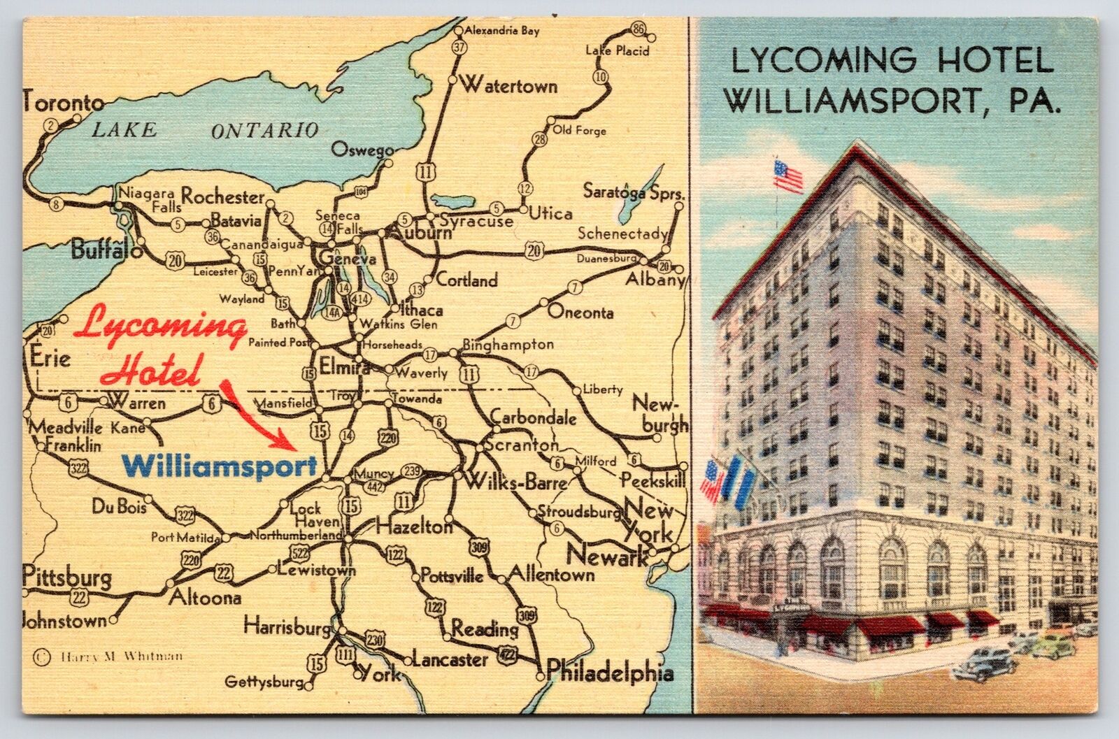 Lycoming Hotel Williamsport Pennsylvania PA Map And Building Landmark Postcard