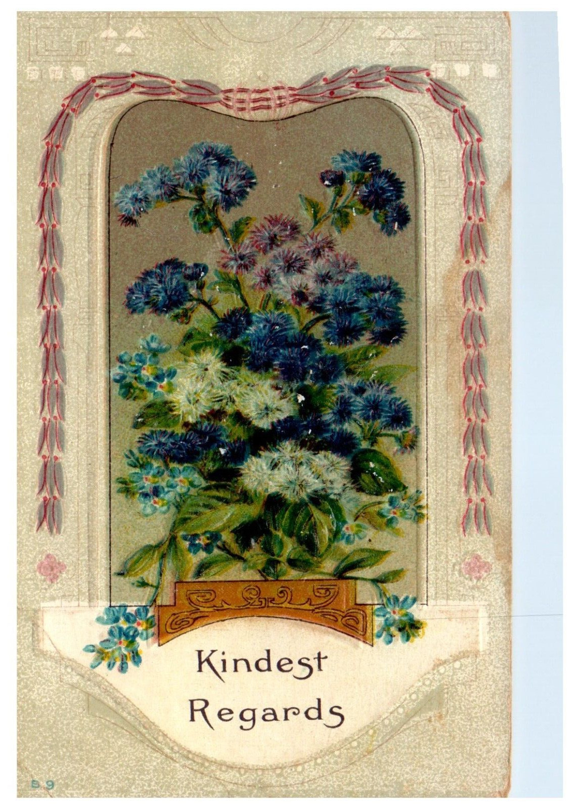 Kindest Regards Blue Floral Bouquet Embossed Antique 1915 Postcard Posted