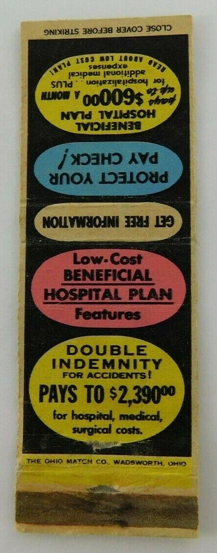 Beneficial Hospital Plan Double Indemnity For Accidents Vintage Matchbook Cover