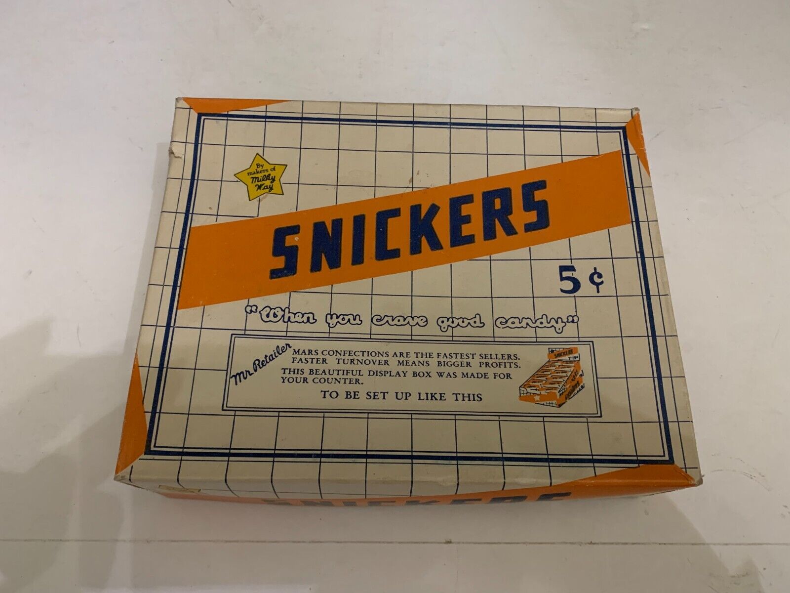 Vintage c.1940's Mars Snickers Five Cent Candy Bar Cardboard Box