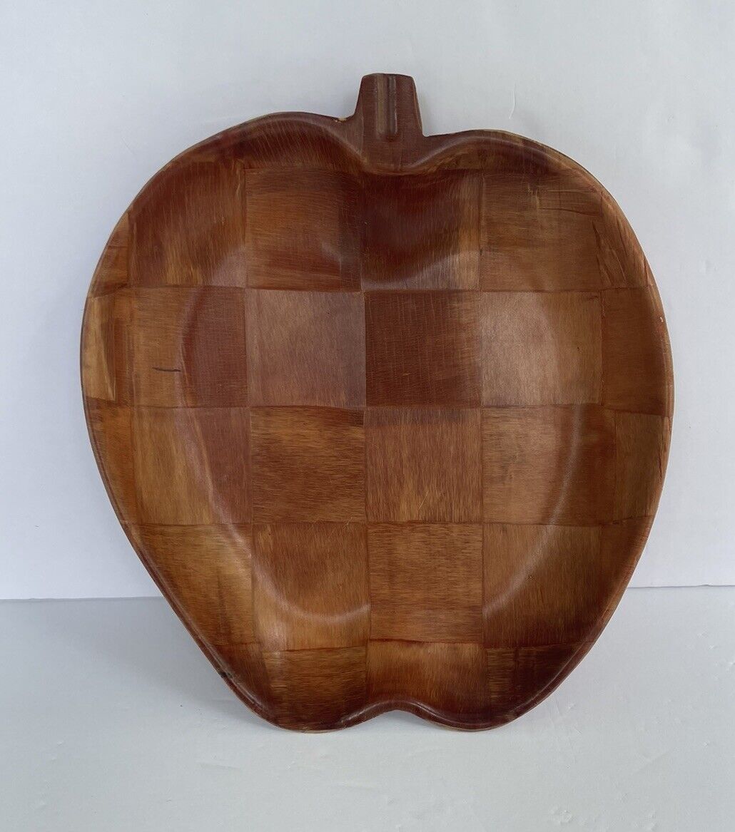 Vintage MCM Apple Shaped Parquet Weave Pattern Tray Bowl 11x10” Bamboo Wooden