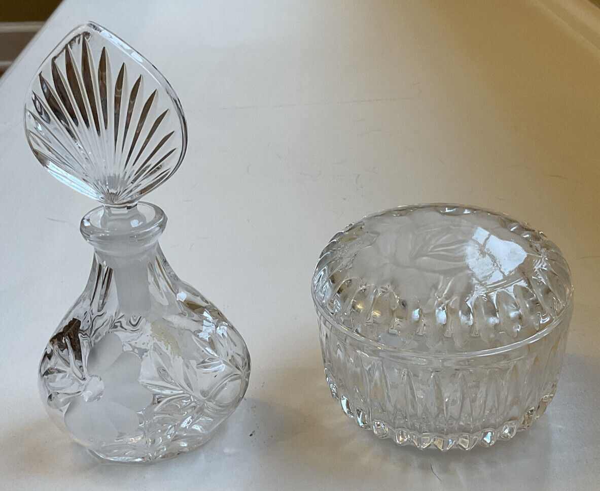 Crystal Perfume Bottle Fancy Leaf Stopper And Crystal Lidded Powder Jar Vintage