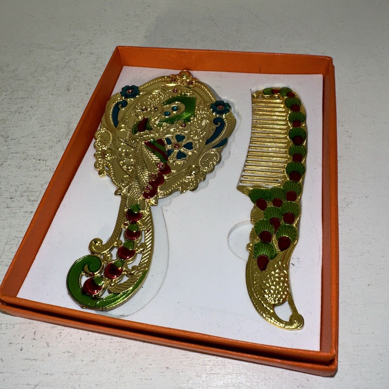 Vintage Maniya Peacock Mirror and Comb Set In Orginal Box.