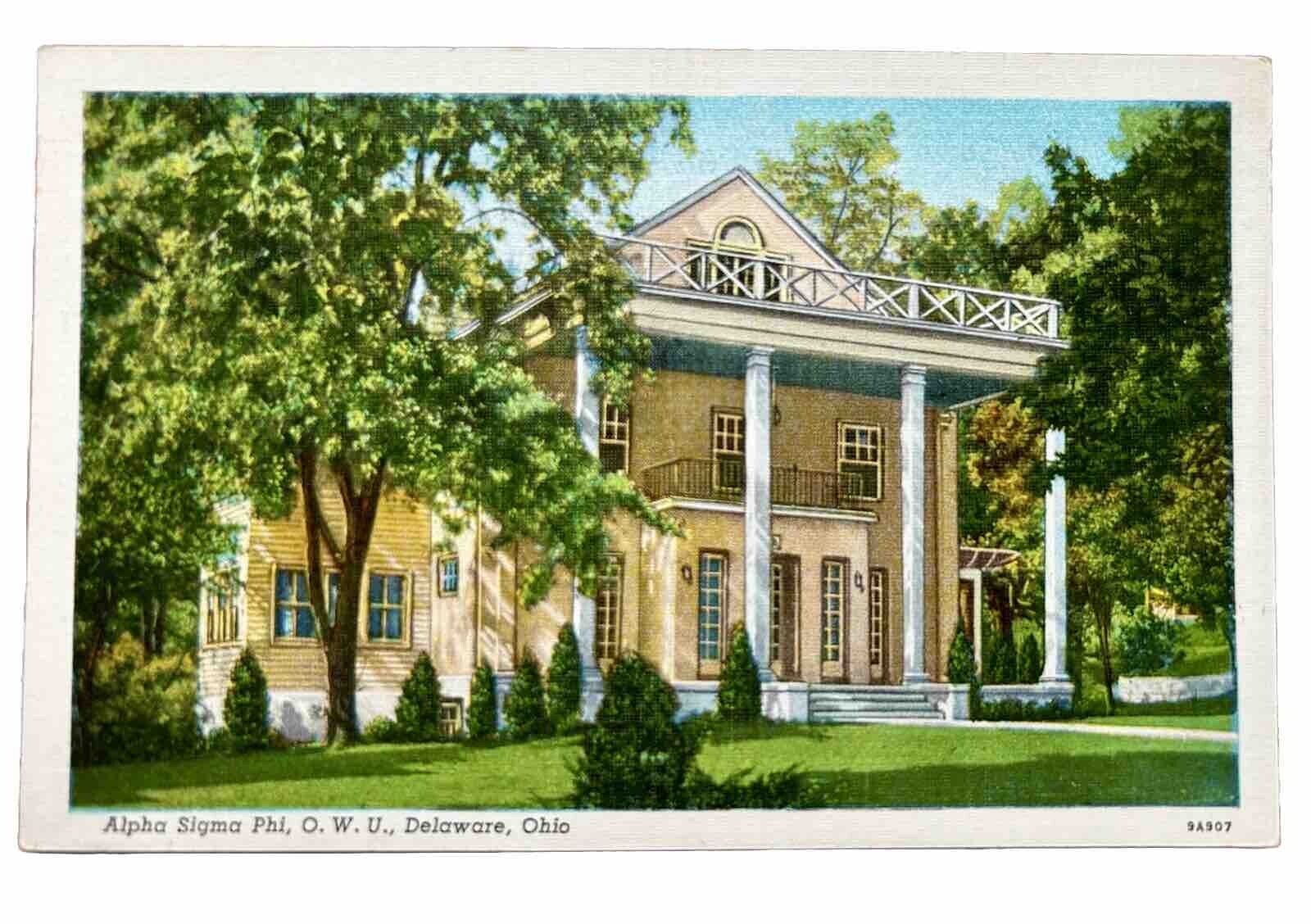 Alpha Sigma Phi House. Delaware, Ohio. Vintage Linen Postcard