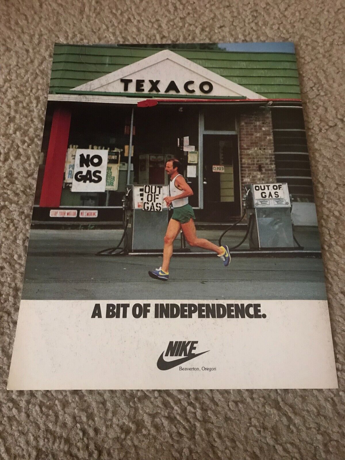 Vintage 1979 NIKE Running Poster Print Ad 1970s GAS SHORTAGE TEXACO