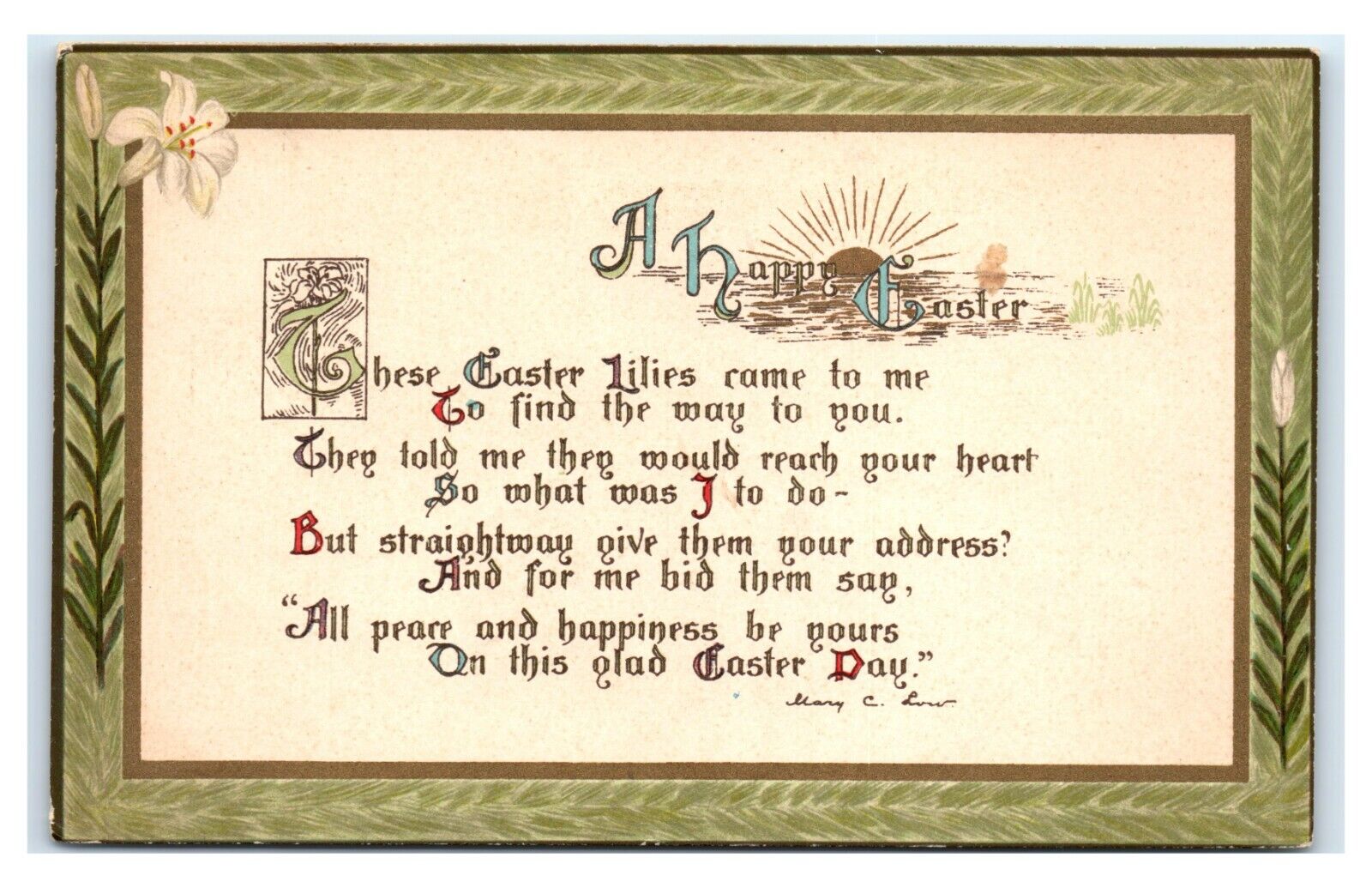 Postcard A Happy Easter greeting #3717 green border 1914 M15