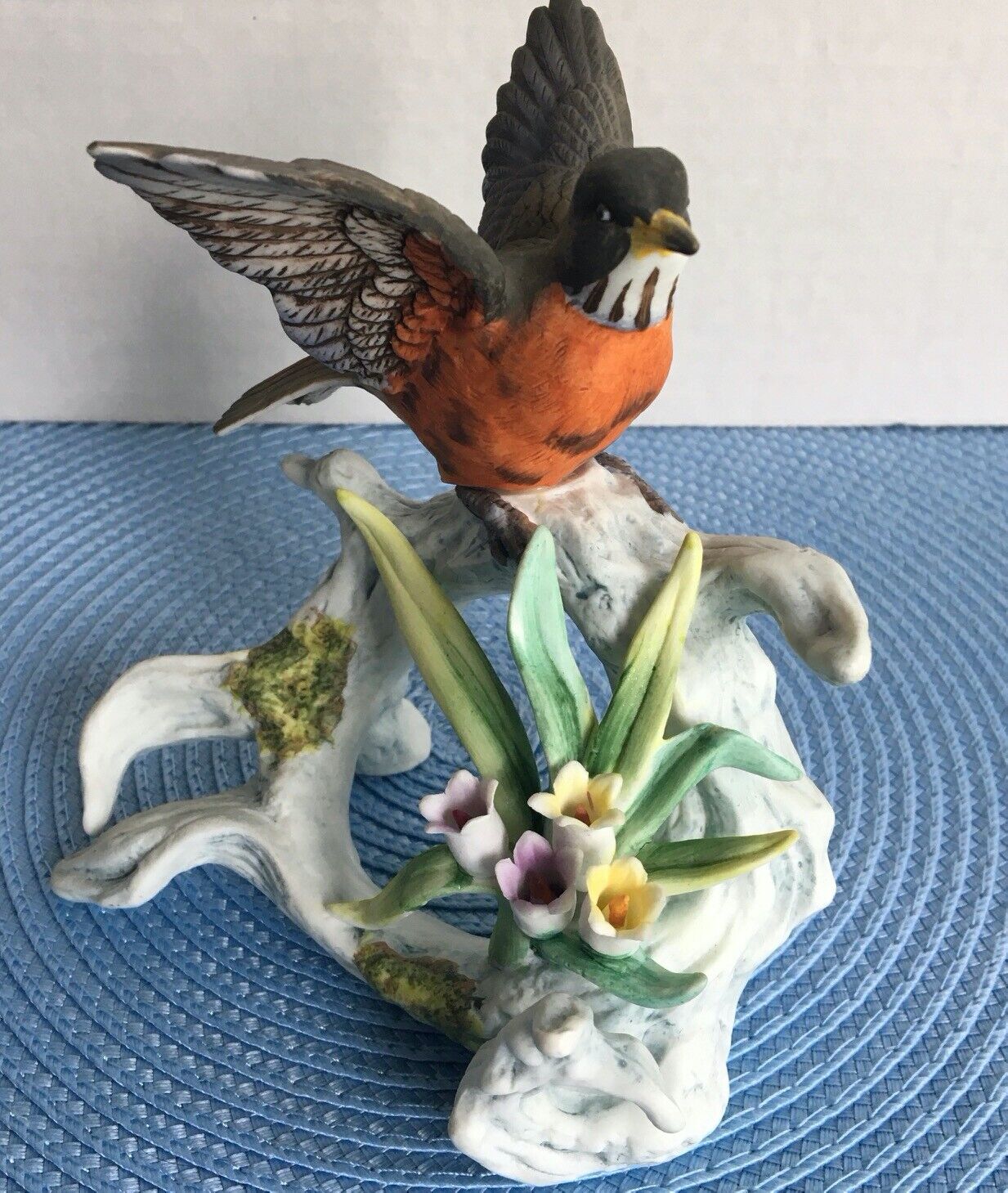 Vtg Lefton Robin On A Bare Branch With Flowers KW440 Bird Figurine Hand Painted