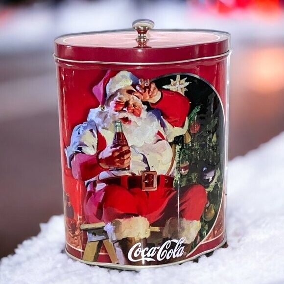 Vintage COCA-COLA Christmas Tin Container Santa Sitting Drinking Pop Collectible