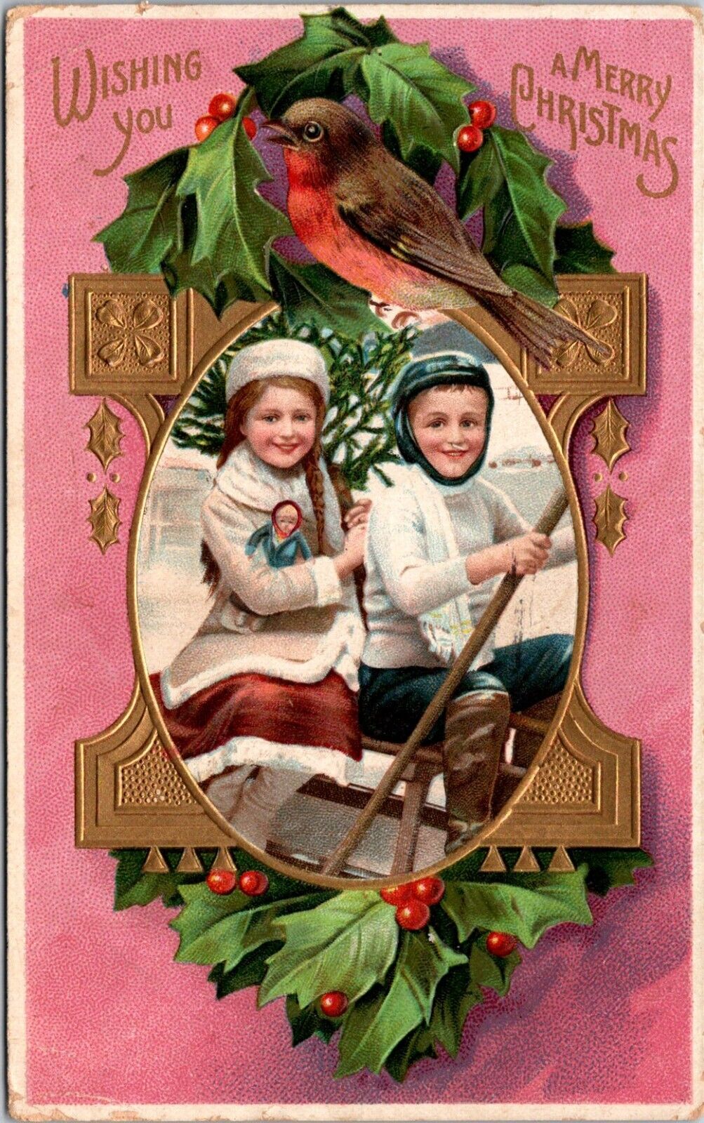Christmas Children Sled Doll Bird Holly Germany Gilt Emboss postcard P1