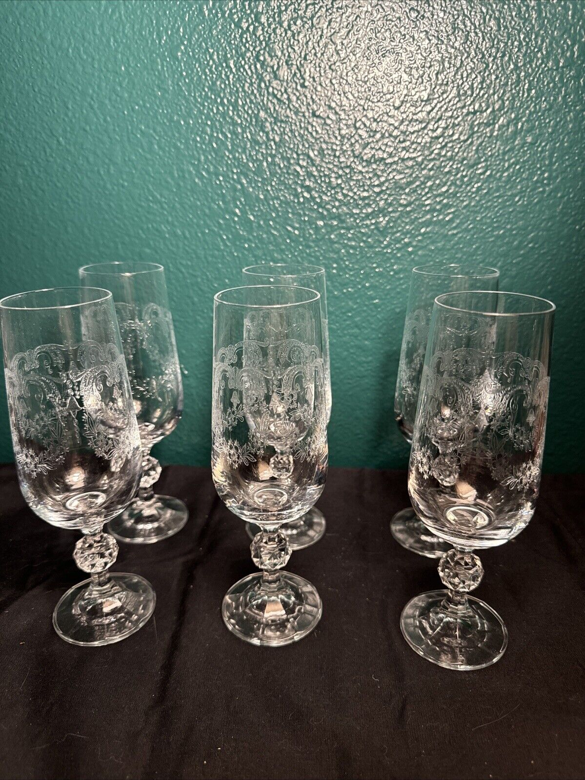 6 VINTAGE CZECH BOHEMIAN CASCADE ETCHED BLOWN CRYSTAL CHAMPAGNE FLUTE WINE GLASS