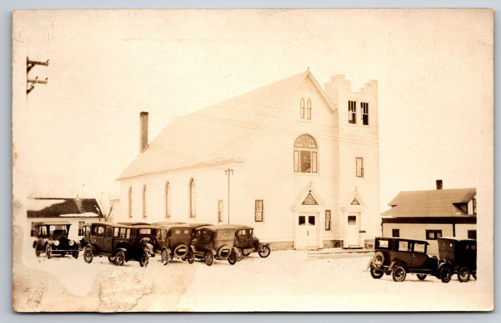 1926 RPPC St Paul Lutheran Church Dale WI Old Cars Parking Lot Photo Postcard