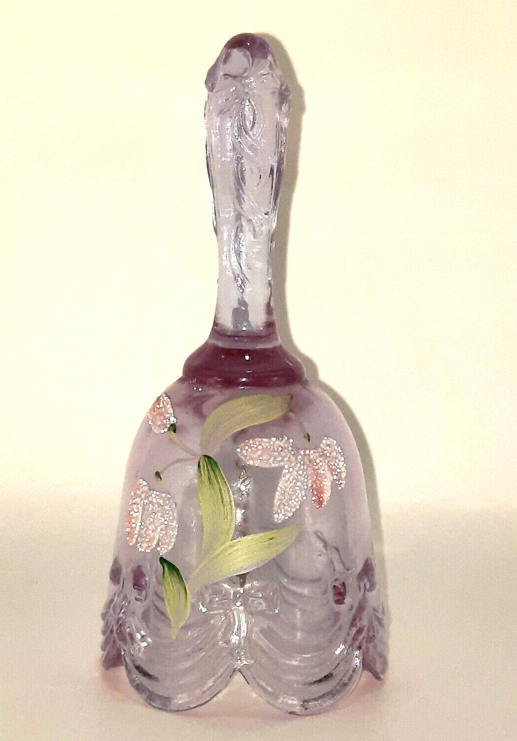 FENTON HAND PAINTED FLORAL PINK GLASS ART BELL SIGNED BY R. BLEVINS