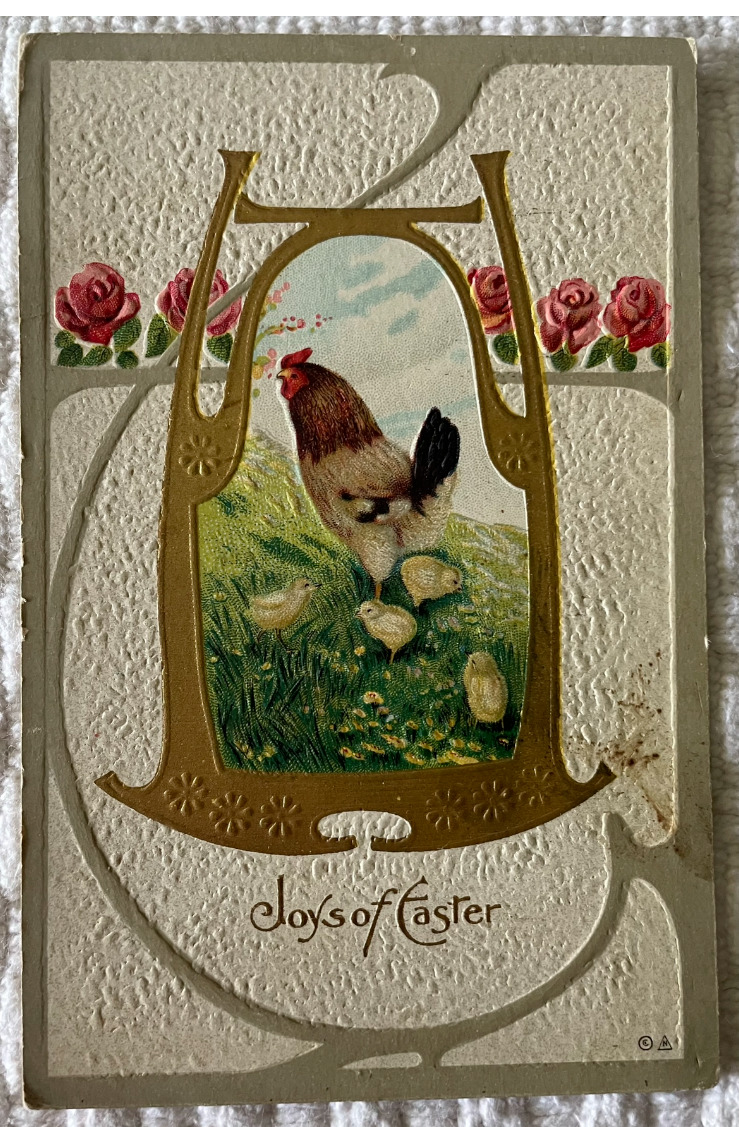 Art Nouveau Joys of Easter postcard Rooster Chicks gold gilt inlay